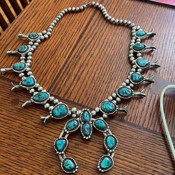 Jewelry - Vintage squash blossom Turquoise pendant necklace silver beaded. Navajo sterling